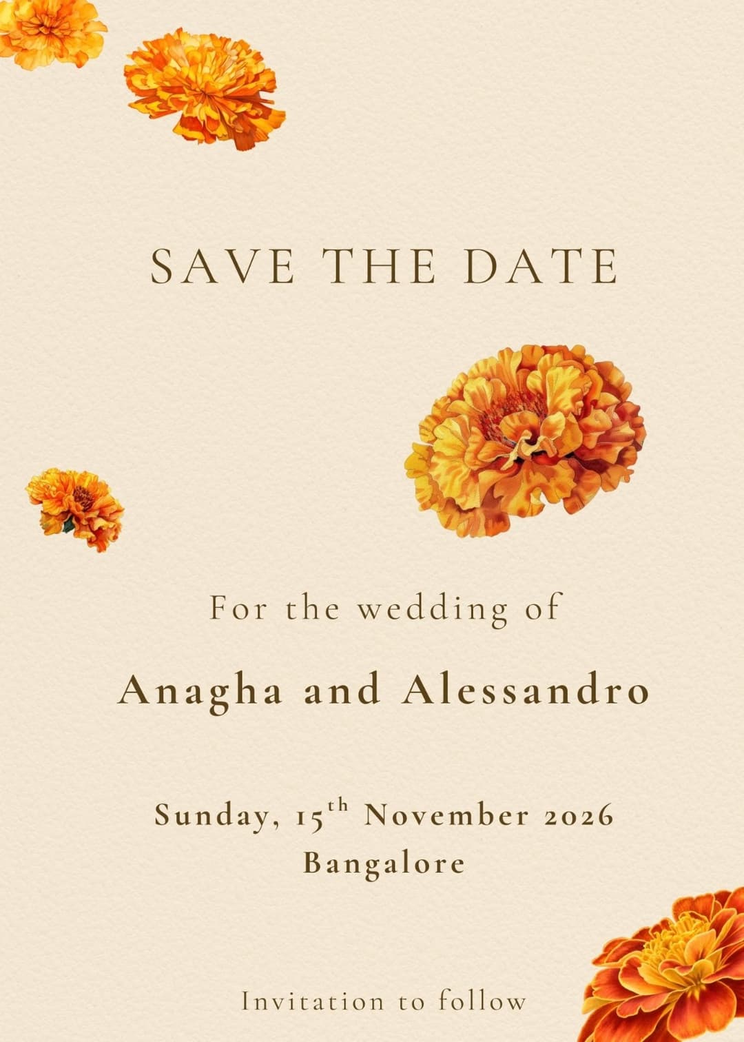 Save the Date — Anagha and Alessandro, 15 November 2026, Bangalore